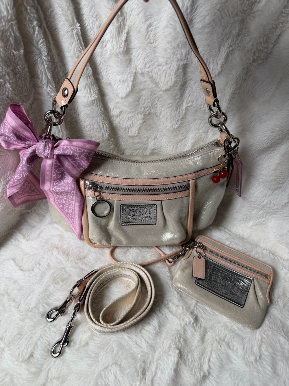 NWT! Y2K Coach Poppy sparkle groovy bag metallic cream and Matching wristlet